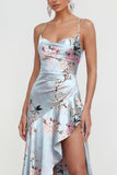 Floral Blue Spaghetti Straps Ruffled Asymmetrical Wedding Guest Dress