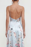 Floral Blue Spaghetti Straps Ruffled Asymmetrical Wedding Guest Dress