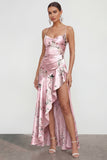 Floral Blue Spaghetti Straps Ruffled Asymmetrical Wedding Guest Dress