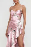 Floral Blue Spaghetti Straps Ruffled Asymmetrical Wedding Guest Dress