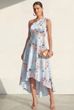 One Shoulder Blue A Line Floral High-Low Wedding Guest Dress