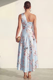 One Shoulder Blue A Line Floral High-Low Wedding Guest Dress