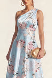 One Shoulder Blue A Line Floral High-Low Wedding Guest Dress