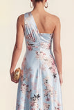 One Shoulder Blue A Line Floral High-Low Wedding Guest Dress