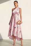 One Shoulder Blue A Line Floral High-Low Wedding Guest Dress
