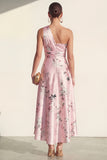 One Shoulder Blue A Line Floral High-Low Wedding Guest Dress