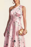 One Shoulder Blue A Line Floral High-Low Wedding Guest Dress