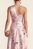 One Shoulder Blue A Line Floral High-Low Wedding Guest Dress