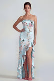 Blue Ruffled Strapless Asymmetrical Corset Floral Wedding Guest Dress