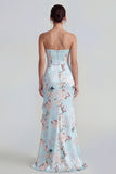 Blue Ruffled Strapless Asymmetrical Corset Floral Wedding Guest Dress