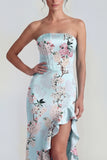 Blue Ruffled Strapless Asymmetrical Corset Floral Wedding Guest Dress