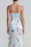 Blue Ruffled Strapless Asymmetrical Corset Floral Wedding Guest Dress