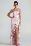 Blue Ruffled Strapless Asymmetrical Corset Floral Wedding Guest Dress