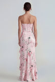 Blue Ruffled Strapless Asymmetrical Corset Floral Wedding Guest Dress