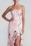 Blue Ruffled Strapless Asymmetrical Corset Floral Wedding Guest Dress