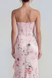 Blue Ruffled Strapless Asymmetrical Corset Floral Wedding Guest Dress