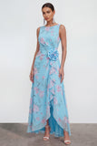 Green Purple Floral Bateau Neck A Line Ruffled Wedding Guest Dress with Slit