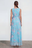 Green Purple Floral Bateau Neck A Line Ruffled Wedding Guest Dress with Slit