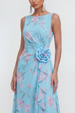 Green Purple Floral Bateau Neck A Line Ruffled Wedding Guest Dress with Slit