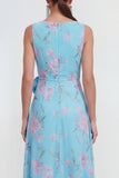 Green Purple Floral Bateau Neck A Line Ruffled Wedding Guest Dress with Slit