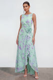 Green Purple Floral Bateau Neck A Line Ruffled Wedding Guest Dress with Slit