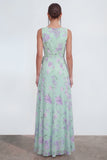 Green Purple Floral Bateau Neck A Line Ruffled Wedding Guest Dress with Slit