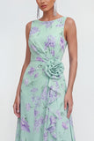 Green Purple Floral Bateau Neck A Line Ruffled Wedding Guest Dress with Slit