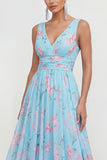 Floral Green A Line V-Neck Wedding Guest Dress