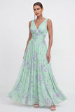 Floral Green A Line V-Neck Wedding Guest Dress