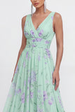 Floral Green A Line V-Neck Wedding Guest Dress