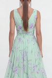 Floral Green A Line V-Neck Wedding Guest Dress