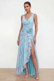 Blue Pink Flower V-Neck Ruched Ruffled A Line Wedding Guest Dress with Slit