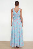 Blue Pink Flower V-Neck Ruched Ruffled A Line Wedding Guest Dress with Slit