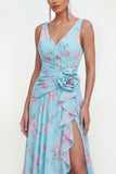 Blue Pink Flower V-Neck Ruched Ruffled A Line Wedding Guest Dress with Slit