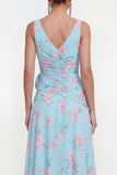 Blue Pink Flower V-Neck Ruched Ruffled A Line Wedding Guest Dress with Slit