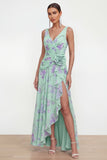 Blue Pink Flower V-Neck Ruched Ruffled A Line Wedding Guest Dress with Slit