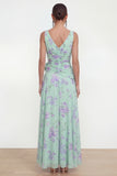 Blue Pink Flower V-Neck Ruched Ruffled A Line Wedding Guest Dress with Slit