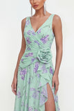 Blue Pink Flower V-Neck Ruched Ruffled A Line Wedding Guest Dress with Slit