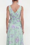 Blue Pink Flower V-Neck Ruched Ruffled A Line Wedding Guest Dress with Slit