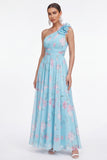 One Shoulder Blue Pink Flower Ruched A Line Wedding Guest Dress