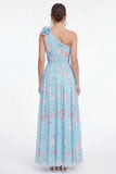 One Shoulder Blue Pink Flower Ruched A Line Wedding Guest Dress