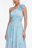 One Shoulder Blue Pink Flower Ruched A Line Wedding Guest Dress