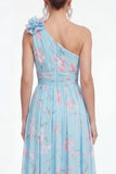 One Shoulder Blue Pink Flower Ruched A Line Wedding Guest Dress