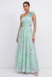 One Shoulder Blue Pink Flower Ruched A Line Wedding Guest Dress