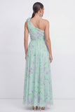 One Shoulder Blue Pink Flower Ruched A Line Wedding Guest Dress