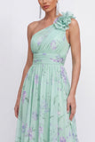 One Shoulder Blue Pink Flower Ruched A Line Wedding Guest Dress