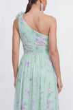 One Shoulder Blue Pink Flower Ruched A Line Wedding Guest Dress