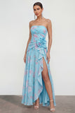 Strapless Blue Pink Flower A Line Ruched Wedding Guest Dress with Slit