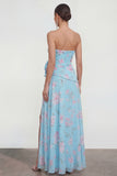 Strapless Blue Pink Flower A Line Ruched Wedding Guest Dress with Slit