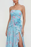 Strapless Blue Pink Flower A Line Ruched Wedding Guest Dress with Slit